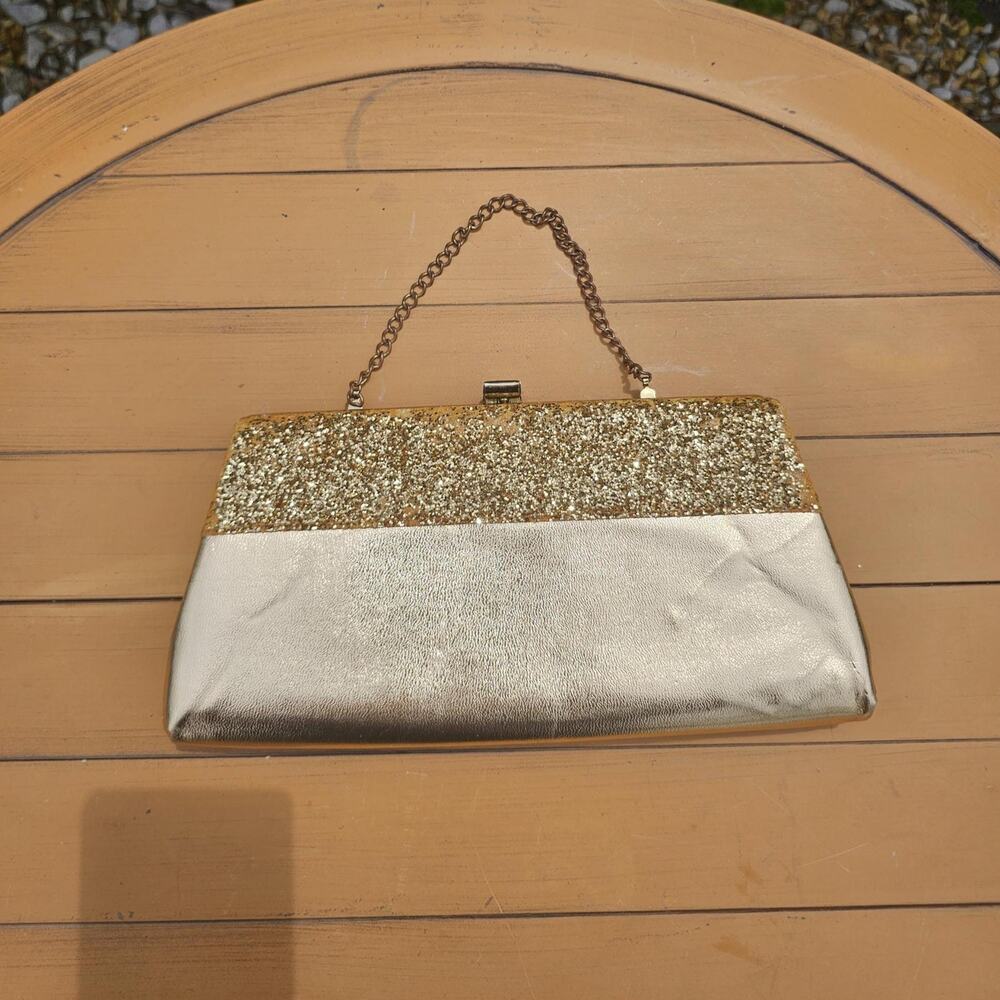 Vintage Gold Glitter Clutch with Gold Metal Tote Strap